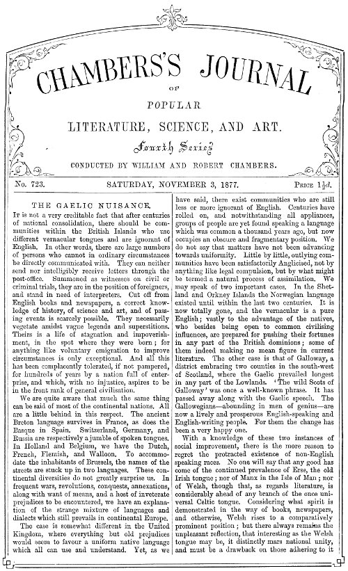 Chambers's Journal of Popular Literature, Science, and Art, No. 723 November 3, 1877 Chambers's Journal of Popular Literature, Science, and Art, No. 723 November 3, 1877