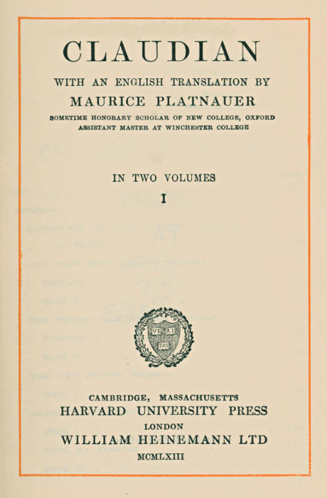 Claudian, volume 1 (of 2)
With an English translation by Maurice Platnauer
