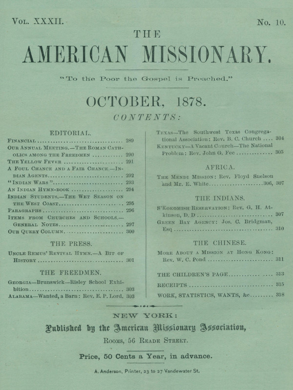 The American Missionary — Volume 32, No. 10, October, 1878 The American Missionary — Volume 32, No. 10, October, 1878