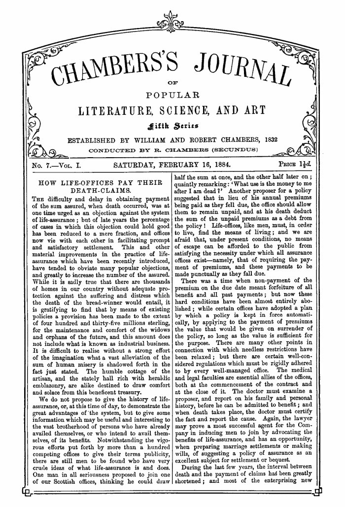 Chambers's Journal of Popular Literature, Science, and Art, Fifth Series, No. 7, Vol. I, February 16, 1884
Volume 18