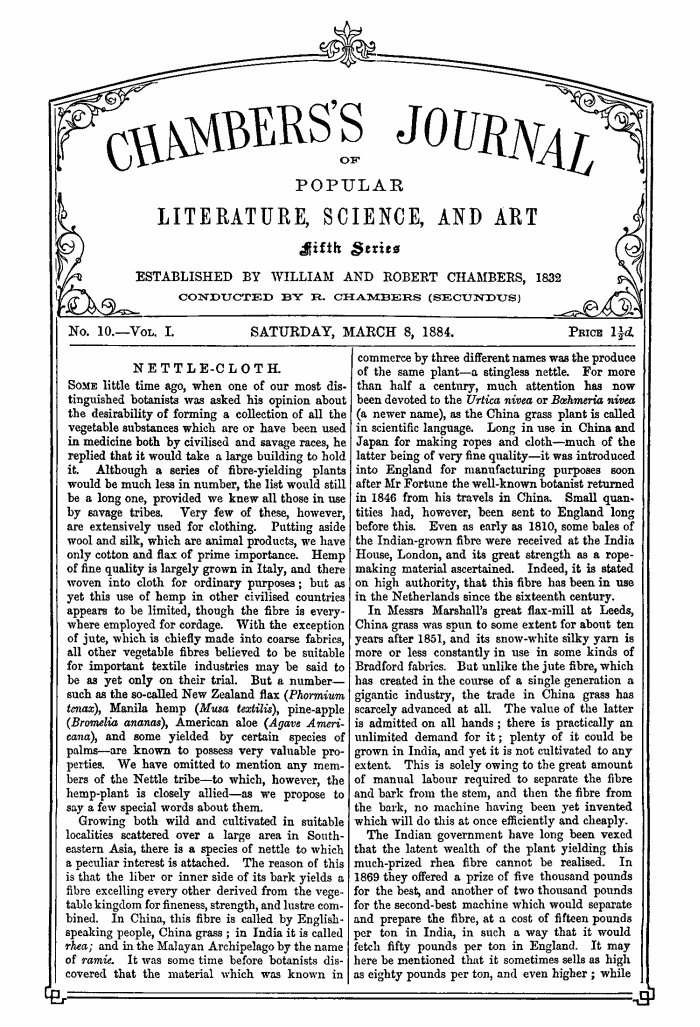 Chambers'ın Halk Edebiyatı, Bilim ve Sanat Dergisi, Beşinci Seri, No. 10, Cilt I, 8 Mart 1884 Chambers'ın Halk Edebiyatı, Bilim ve Sanat Dergisi, Beşinci Seri, No. 10, Cilt I, 8 Mart 1884