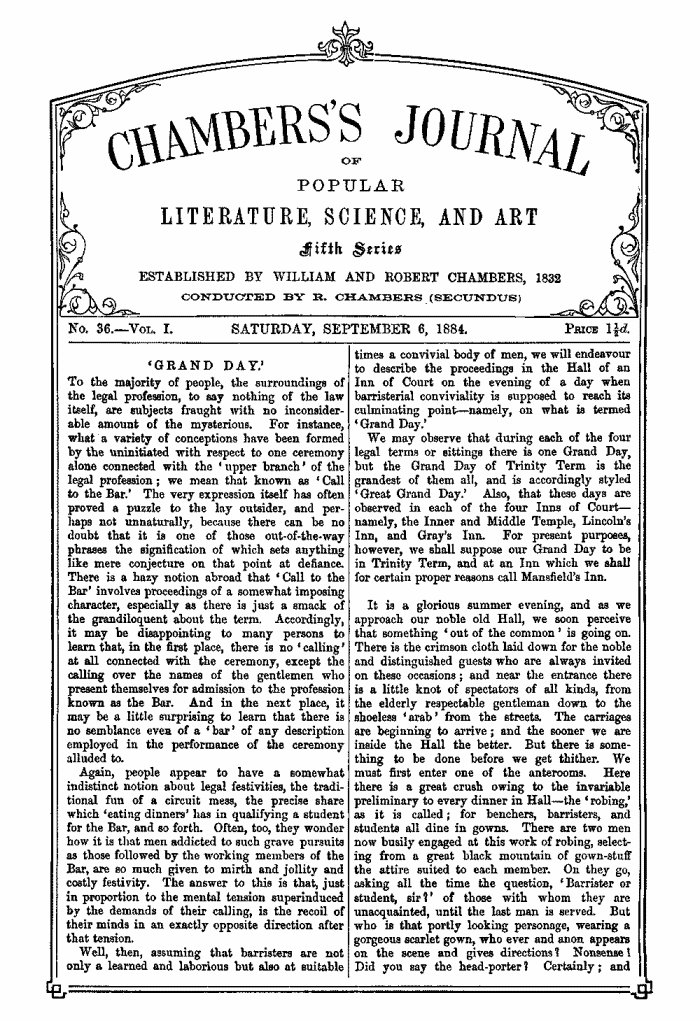 Chambers's Journal of Popular Literature, Science, and Art, Fifth Series, No. 36, Vol. I, September 6, 1884 Chambers's Journal of Popular Literature, Science, and Art, Fifth Series, No. 36, Vol. I, September 6, 1884