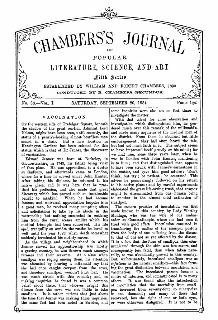 Chambers'ın Halk Edebiyatı, Bilim ve Sanat Dergisi, Beşinci Seri, No. 38, Cilt I, 20 Eylül 1884 Chambers'ın Halk Edebiyatı, Bilim ve Sanat Dergisi, Beşinci Seri, No. 38, Cilt I, 20 Eylül 1884