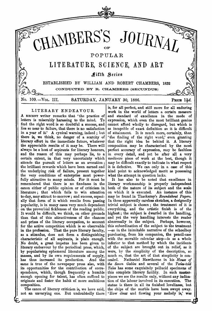 Chambers'ın Popüler Edebiyat, Bilim ve Sanat Dergisi, Beşinci Seri, Sayı 109, Cilt III, 30 Ocak 1886
