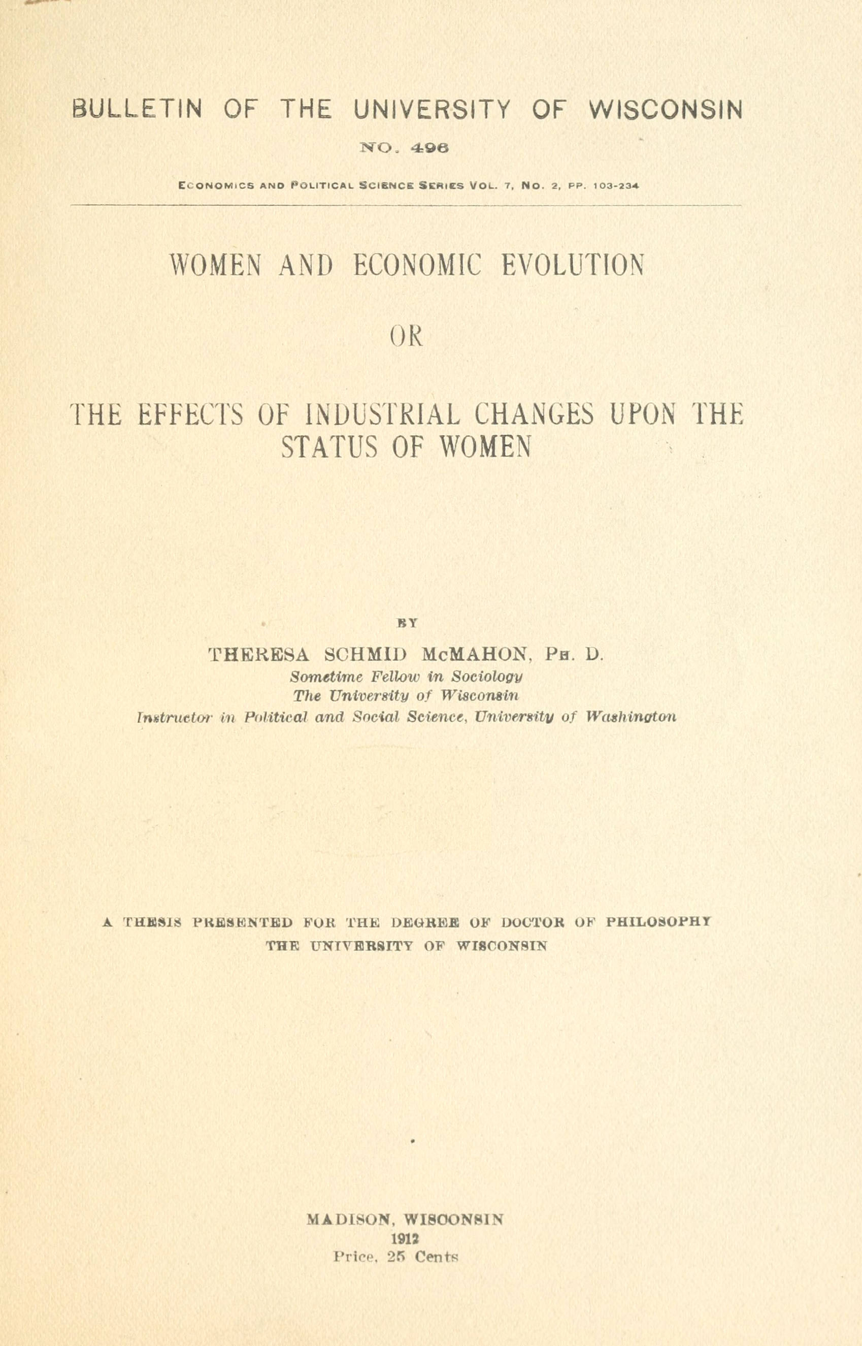 Women and economic evolution: or, The effects of industrial changes upon the status of women